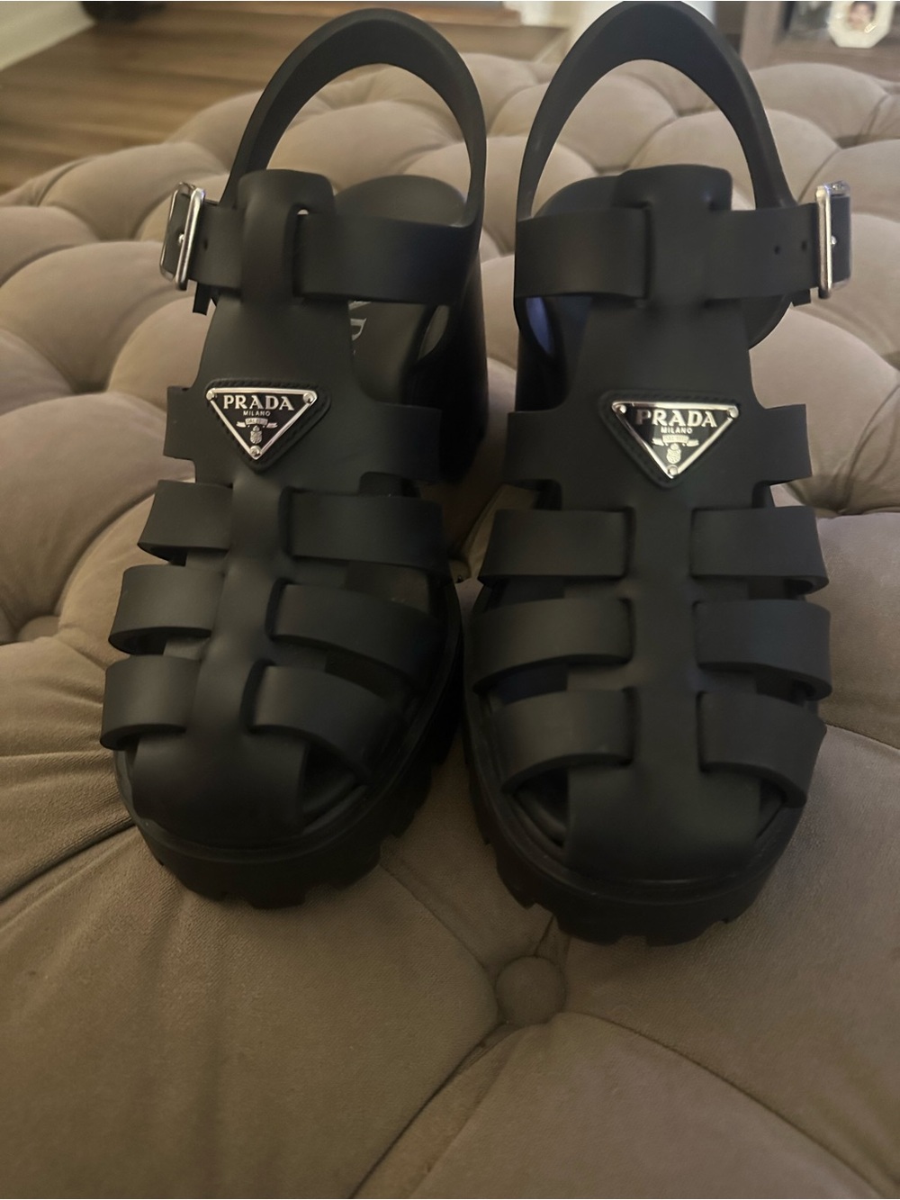 Prada Black Women's fisherman Sandals with Logo Plaque